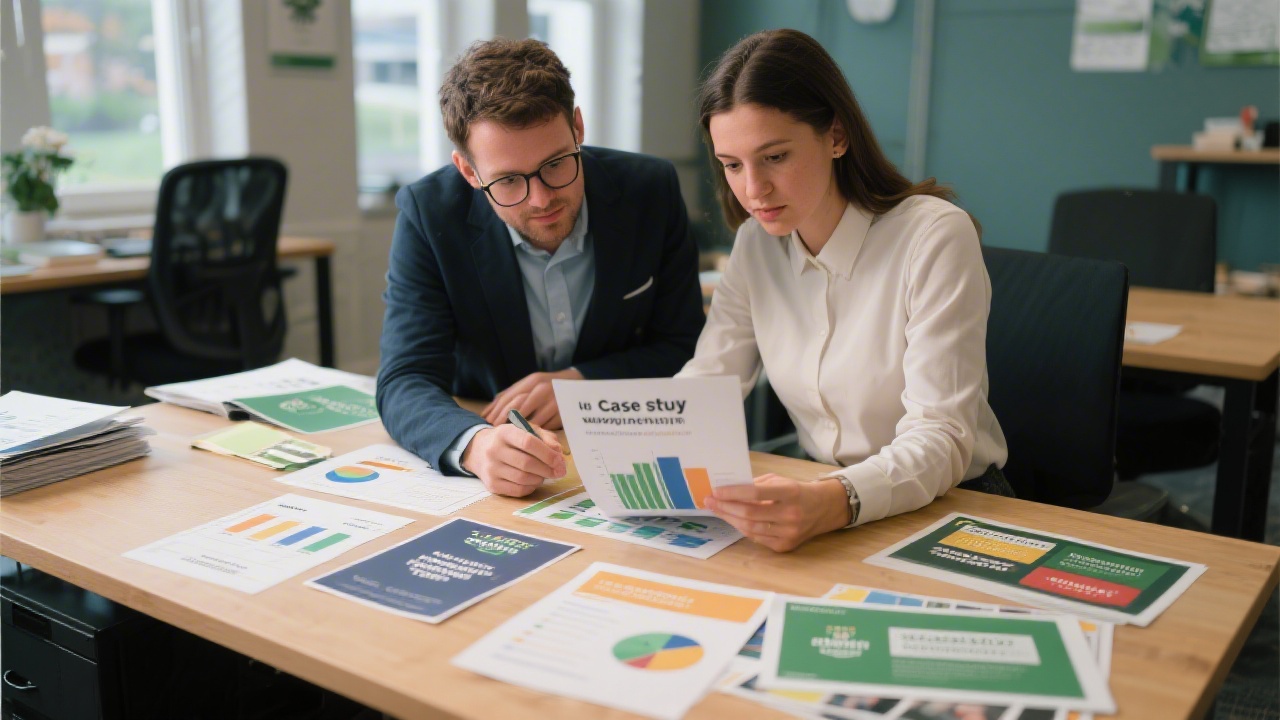 Two marketers reviewing printed campaign results and creative mockups on a desk, highlighting case study work for local Irish brands.