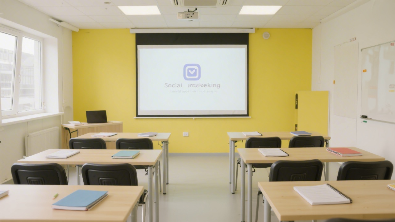 Bright classroom with tables, notebooks, and a projection screen ready for social media marketing instruction, suitable for small group training sessions.