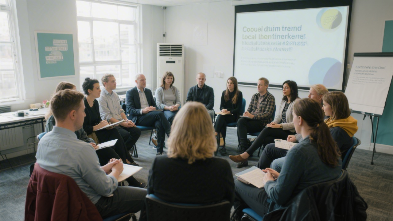Small group discussion in a community training event with attendees seated in a circle, representing collaborative learning for local Dublin marketers.