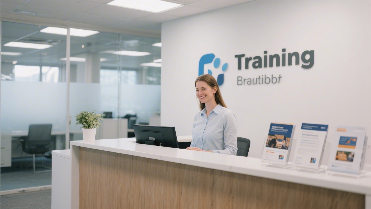 Reception desk in a modern training office with a friendly staff member and information brochures, representing a welcoming contact point for enquiries.