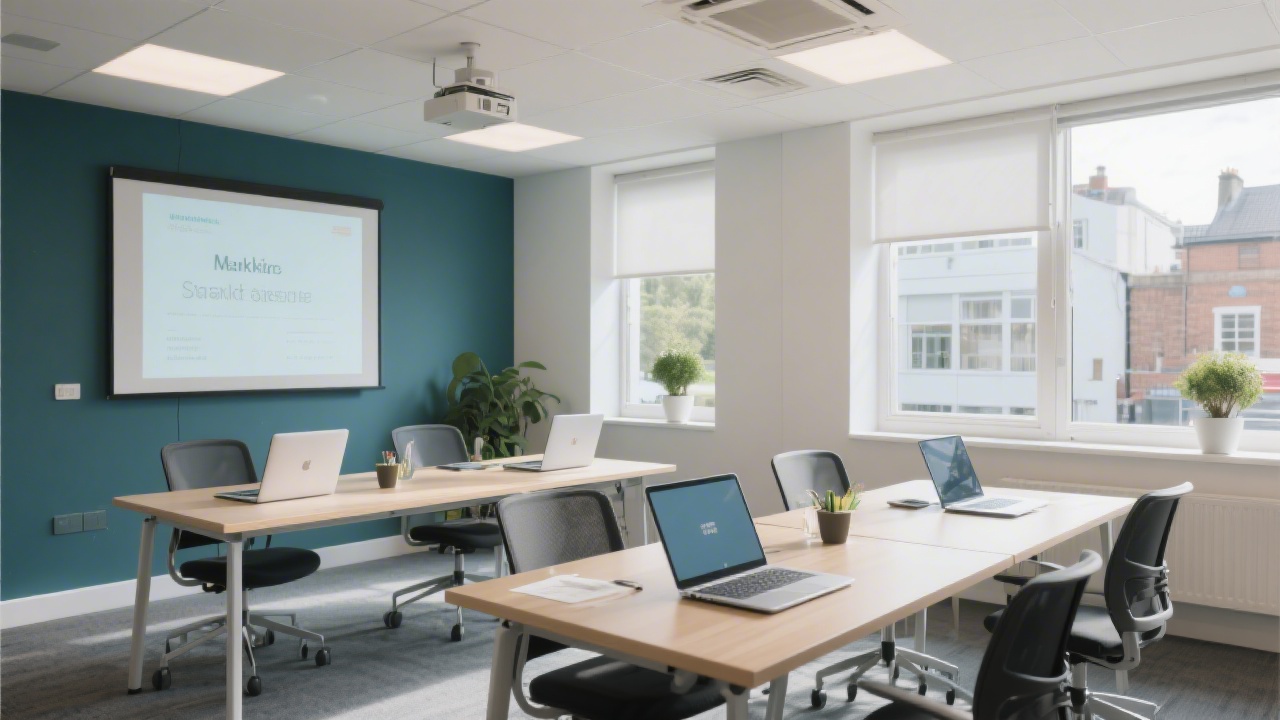 Modern Dublin office interior with training tables, laptops, and natural light, reflecting a focused learning environment for marketing workshops.