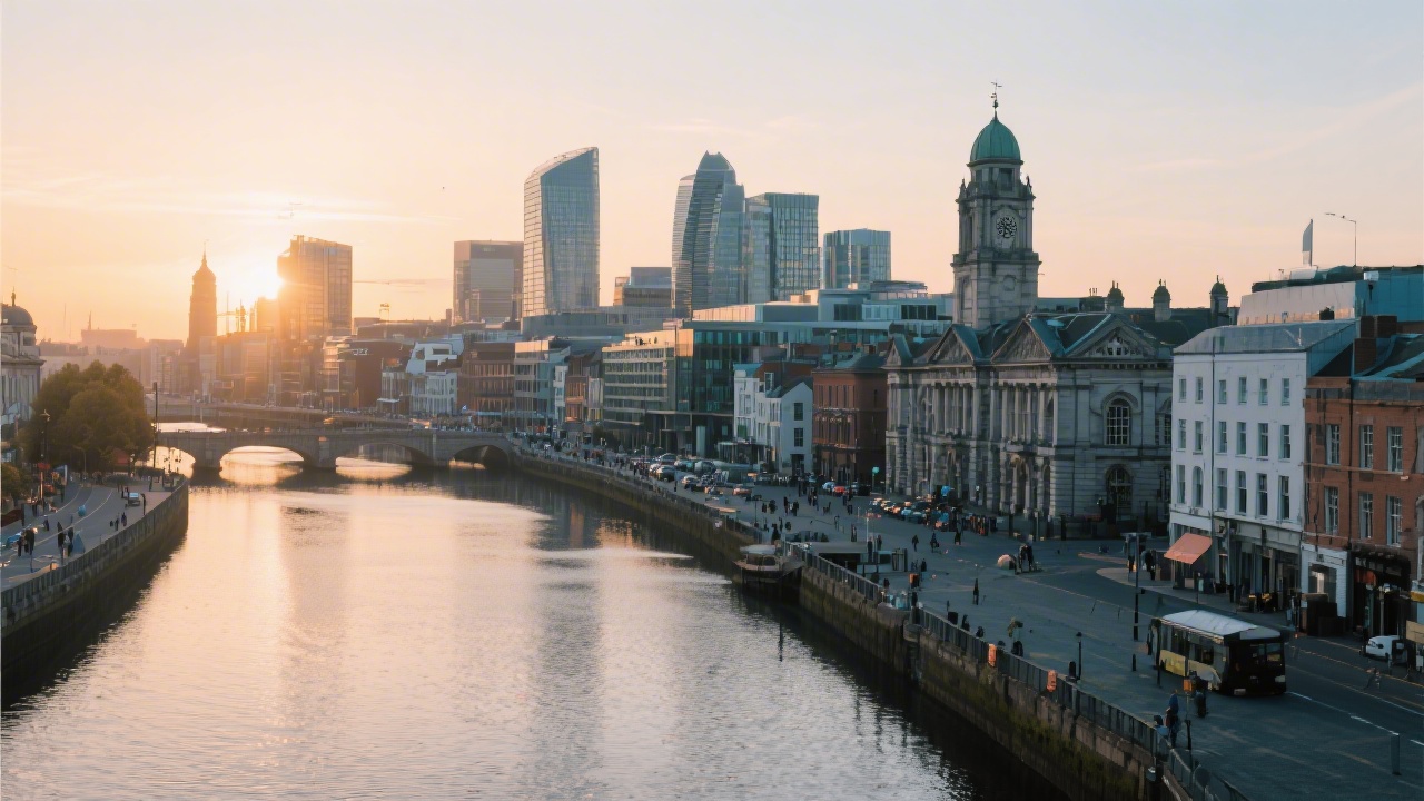Wide view of Dublin city skyline and the River Liffey at sunrise, showing modern offices and historic buildings to emphasize local market focus for training.