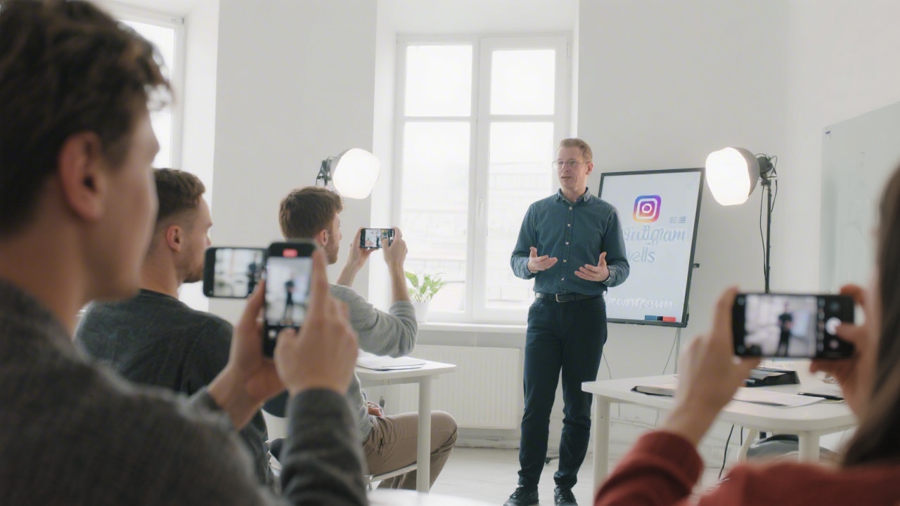 Instructor guiding a small group through smartphone video framing and lighting, emphasizing Instagram and Reels creation in a bright training room.