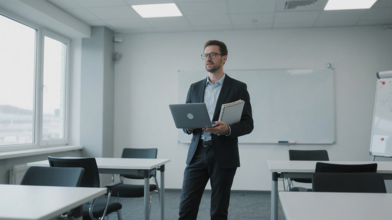 Professional instructor standing in a modern training room with a laptop and notebook, conveying a focused and approachable learning environment.