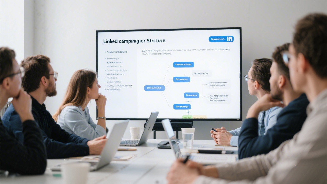 Group workshop with participants viewing a presentation on LinkedIn campaign structures, showing detailed explanations of B2B advertising strategy.