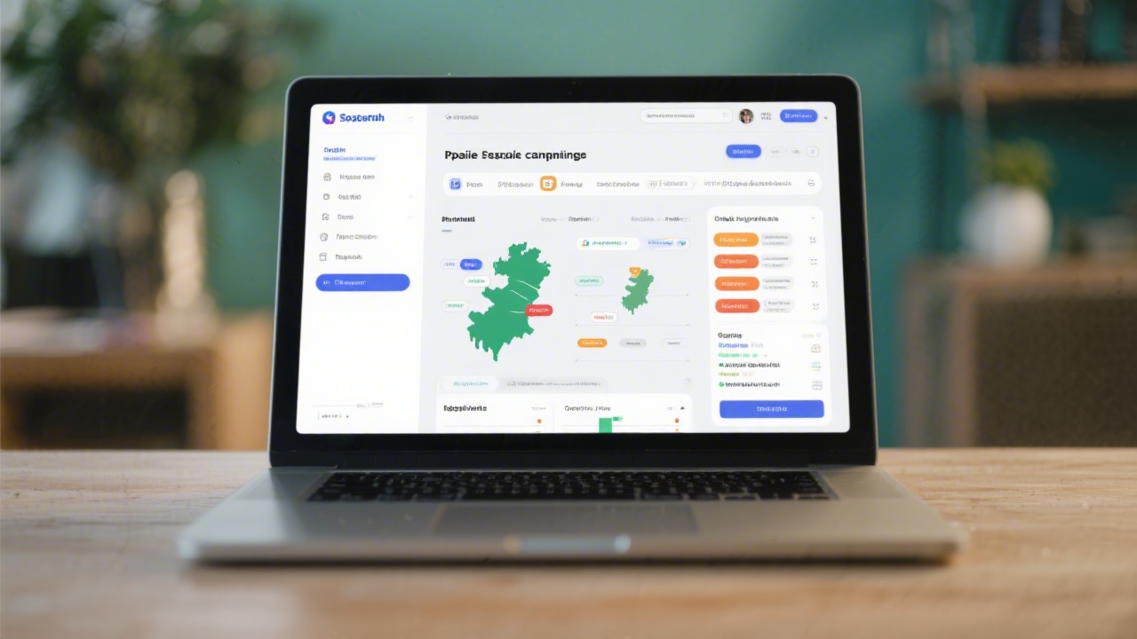 Laptop screen showing a paid social campaign dashboard with Irish location filters, indicating structured ad setup practice for local targeting.