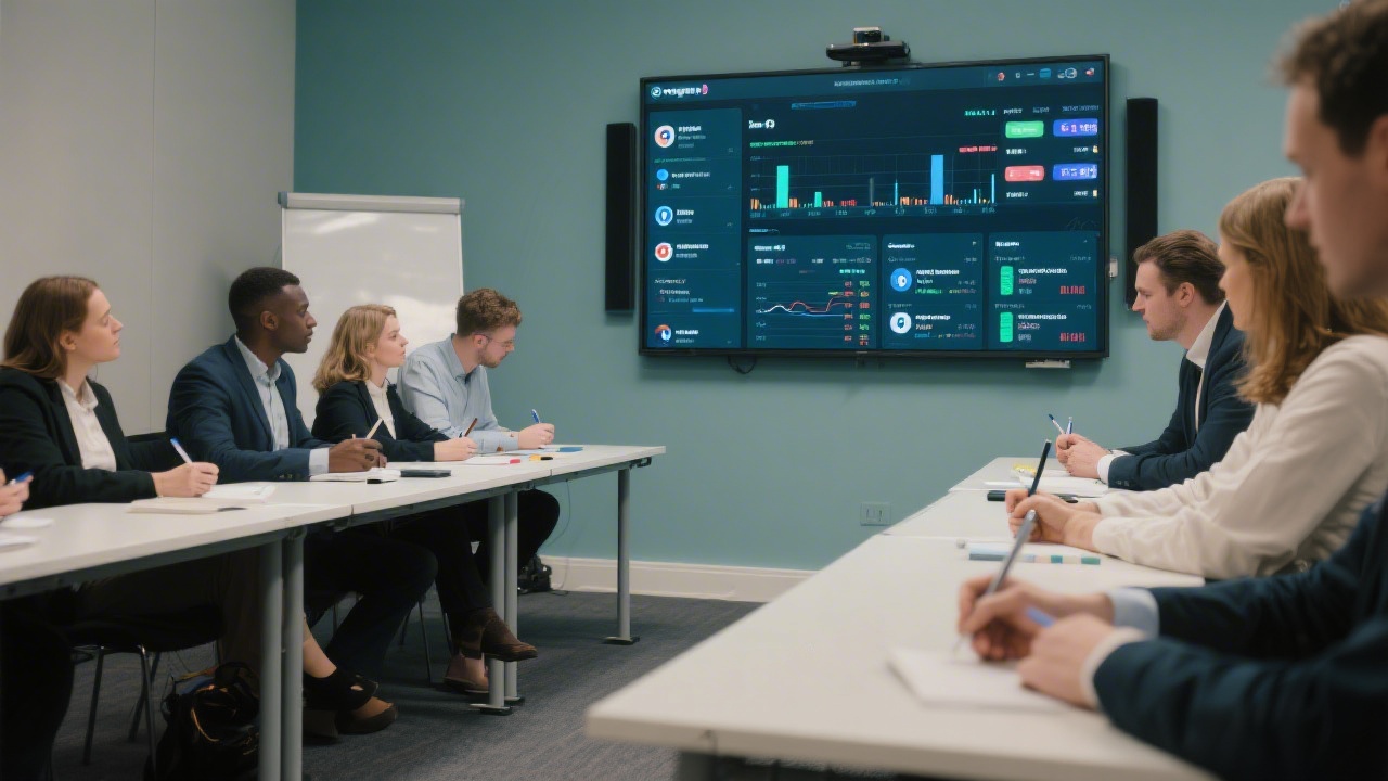 Training space with a large screen showing social media dashboards, featuring attendees taking notes, demonstrating a professional course environment in Dublin.