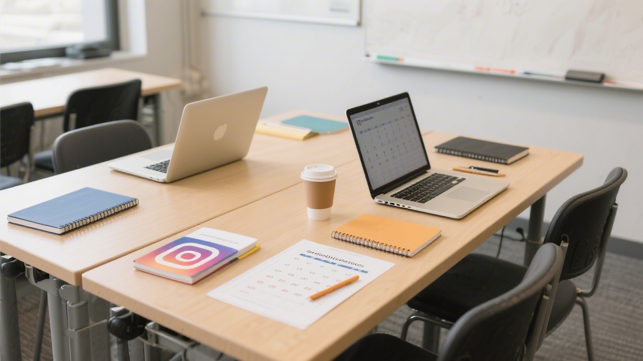Classroom table with notebooks, a laptop, printed content calendar, and coffee, showing planning tools for practical social media strategy workshops.
