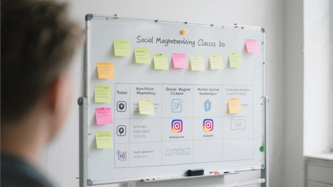 Whiteboard with structured training modules, sticky notes, and platform icons, illustrating a clear syllabus for social media marketing classes.