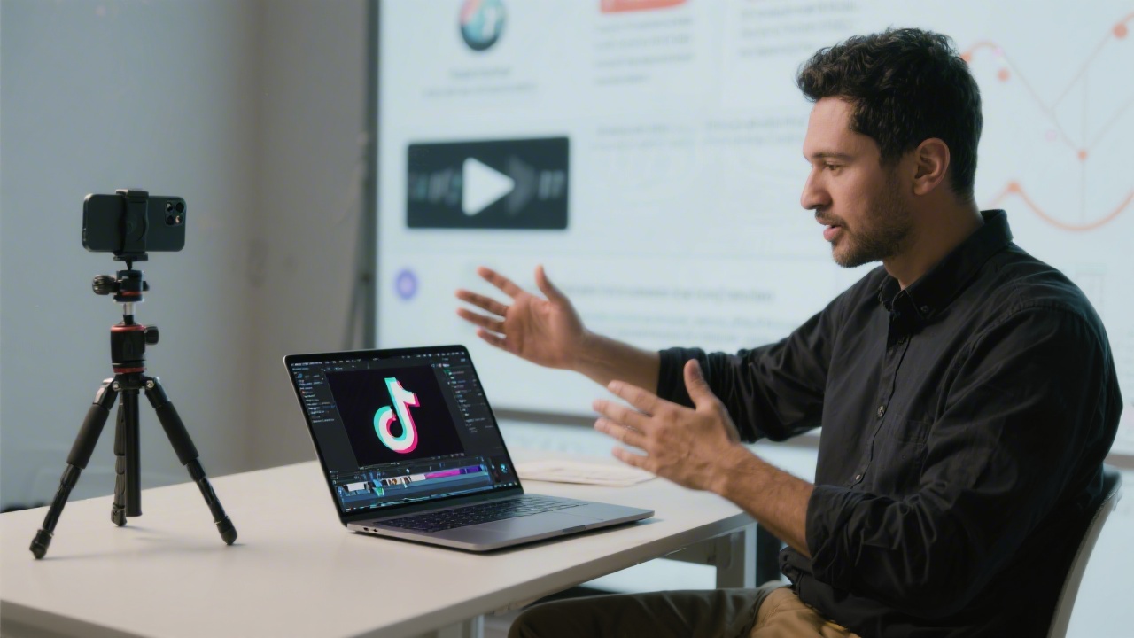 Instructor demonstrating short-form video editing on a laptop with a phone tripod nearby, representing TikTok-focused training content.