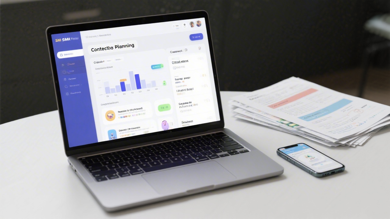 Laptop displaying content planning software beside printed creative briefs and a smartphone, illustrating a practical tool stack used in SMM training.